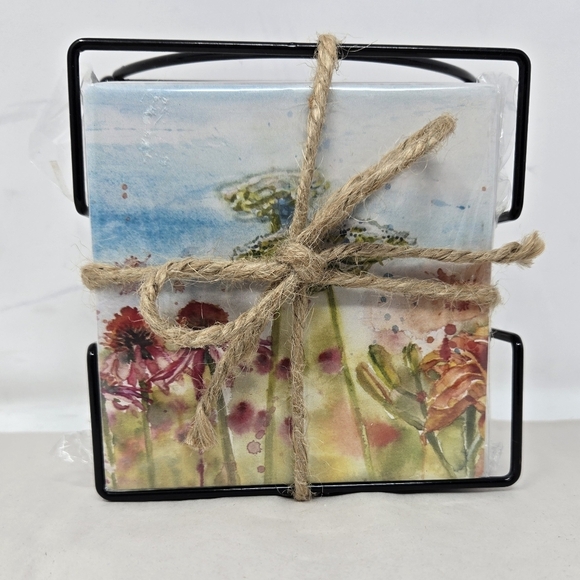 Coaster Set Be Happy Primitives By Kathy Flowers Scenery Absorbent, Water Colors - Picture 2 of 10